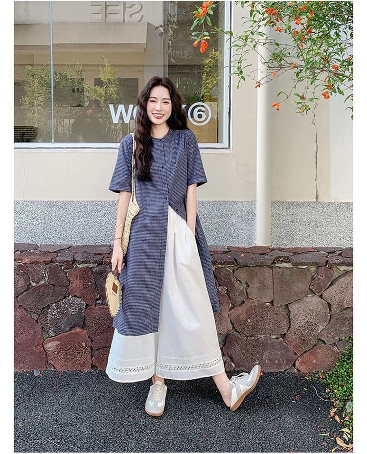 작은 청신 격자 무늬 셔츠 드레스 와이드 레그 팬츠 세트 여성 여름 2026 새로운 투피스 세트 ootd 착용 가져 가라. 연령 감소 상세 이미지 13