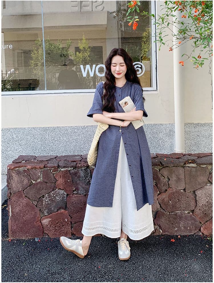 작은 청신 격자 무늬 셔츠 드레스 와이드 레그 팬츠 세트 여성 여름 2026 새로운 투피스 세트 ootd 착용 가져 가라. 연령 감소 상세 이미지 15