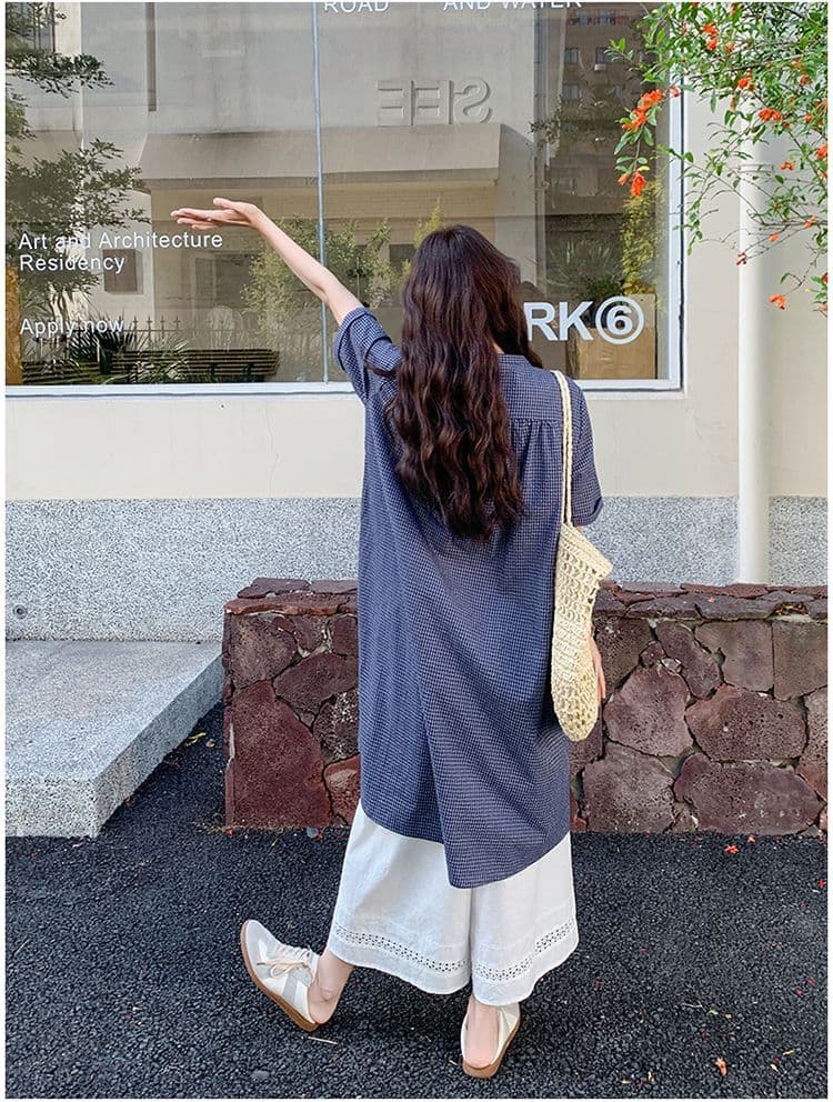 작은 청신 격자 무늬 셔츠 드레스 와이드 레그 팬츠 세트 여성 여름 2026 새로운 투피스 세트 ootd 착용 가져 가라. 연령 감소 상세 이미지 17