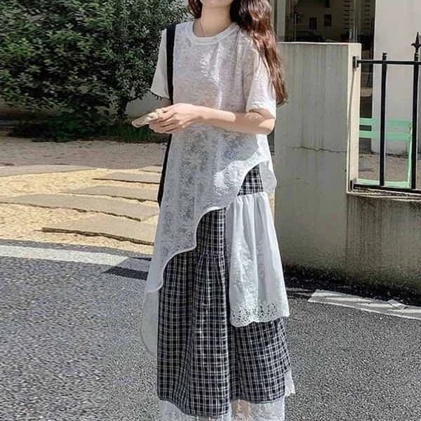 빅 사이즈 지방 mm 한 부서 디자인 센스 중간 길이 티셔츠 세트 여성 여름 레이스 체크무늬 패치워크 반 스커트 투피스 세트 상세 이미지 3
