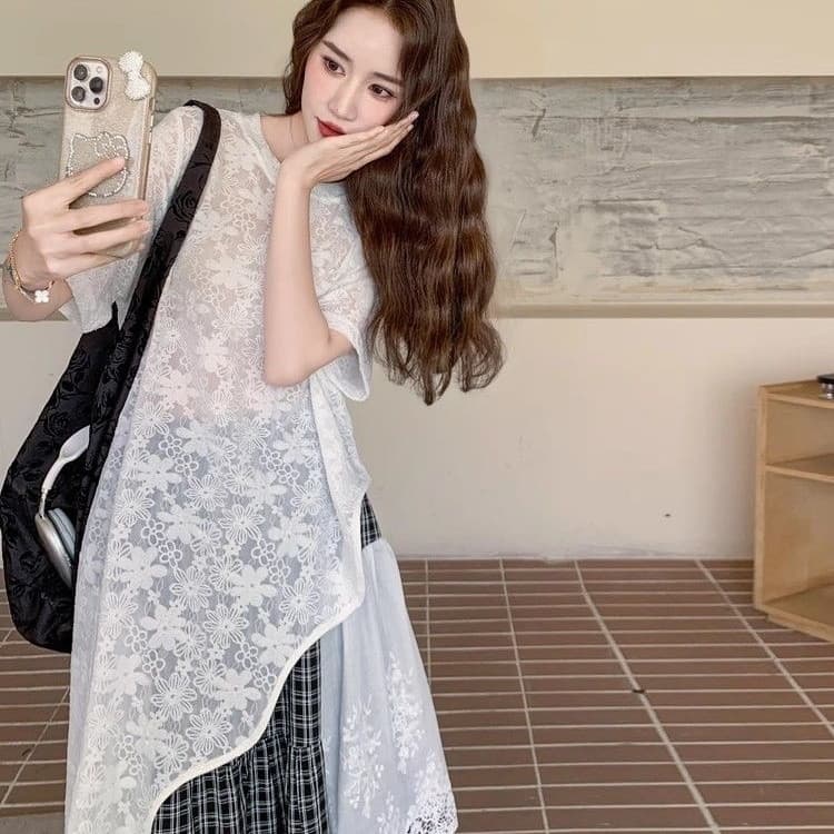 빅 사이즈 지방 mm 한 부서 디자인 센스 중간 길이 티셔츠 세트 여성 여름 레이스 체크무늬 패치워크 반 스커트 투피스 세트 상세 이미지 9