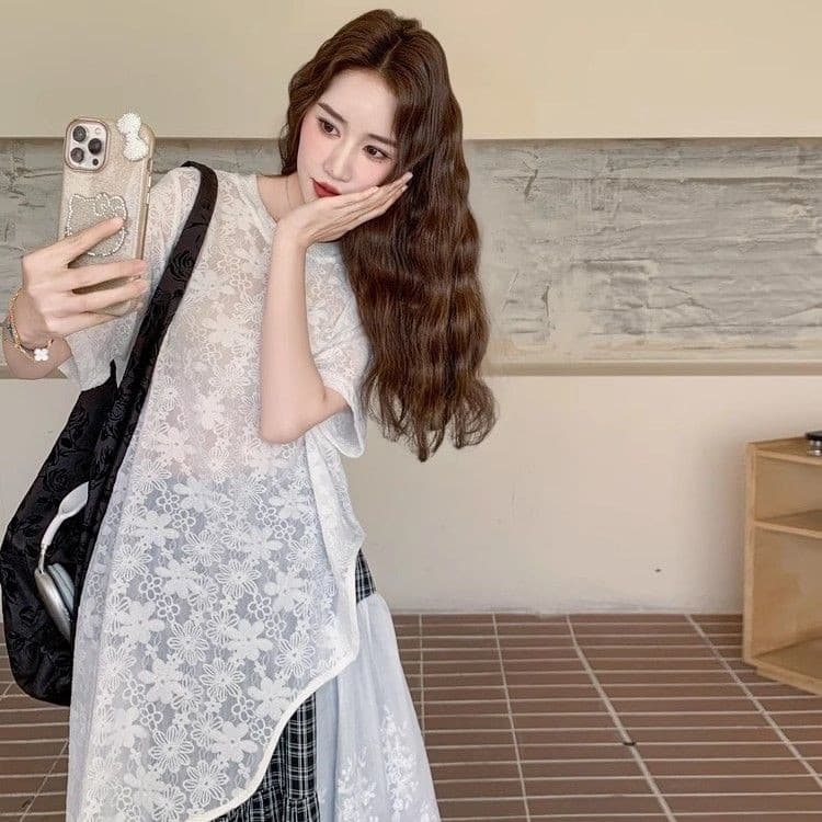 빅 사이즈 지방 mm 한 부서 디자인 센스 중간 길이 티셔츠 세트 여성 여름 레이스 체크무늬 패치워크 반 스커트 투피스 세트 상세 이미지 14