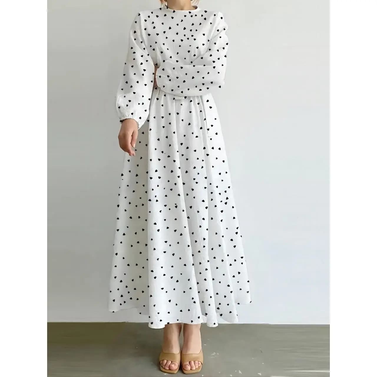 캐주얼 루즈핏 허리 수축 긴팔 프린트 드레스