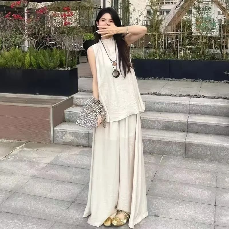 캐주얼 세트 여성 2026 새로운 외국 가스 여름 드레스 외출용 민소매 조끼 맨위 루즈핏 와이드 레그 팬츠 어린이 투피스 세트 상세 이미지 1