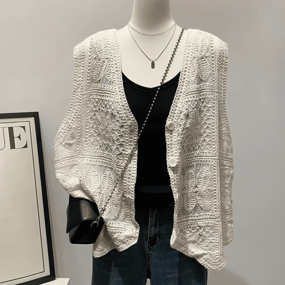 민소매 V넥 조끼 조끼 여자 외출용 여름 빅 사이즈 지방 mm 고급 센스 레이스 자카드 맨위 프랑스식 오픈 가디건 상세 이미지 1