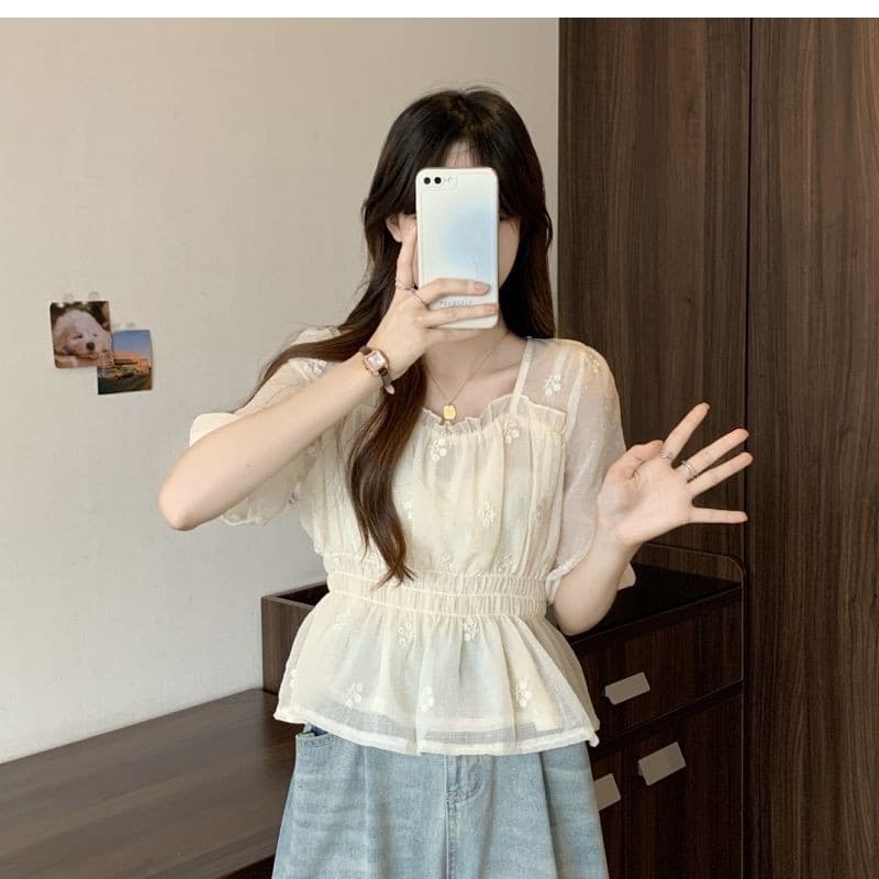 프랑스식 광장 칼라 시폰 셔츠 여성 여름 얇은 스타일 빅 사이즈 슬림해 보이는 허리 수축 아름다운 작은 셔츠 부드러운 요정 바람 맨위 여성 상세 이미지 11