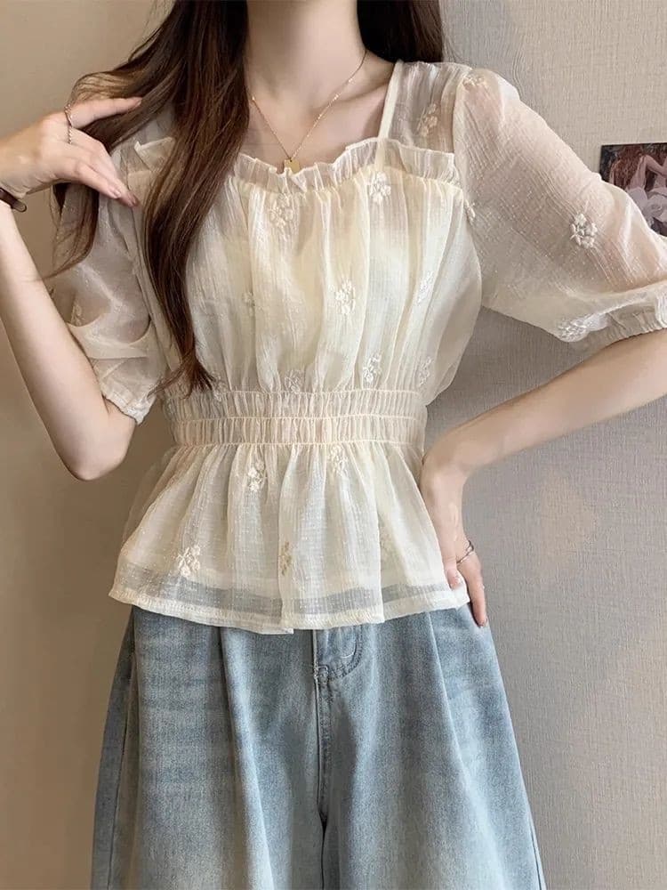 프랑스식 광장 칼라 시폰 셔츠 여성 여름 얇은 스타일 빅 사이즈 슬림해 보이는 허리 수축 아름다운 작은 셔츠 부드러운 요정 바람 맨위 여성 상세 이미지 12