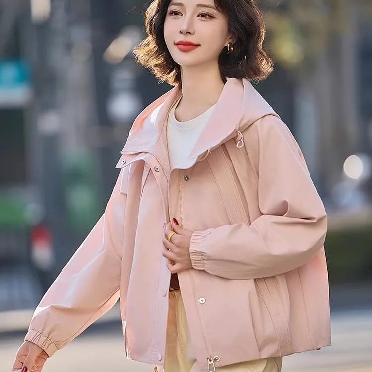 고유 한 작은 키 쇼트 스타일 여성 코트 봄 가을 2026 새로운 핑크색 연령 감소 아름다운 워크웨어 캐주얼 후드 재킷
