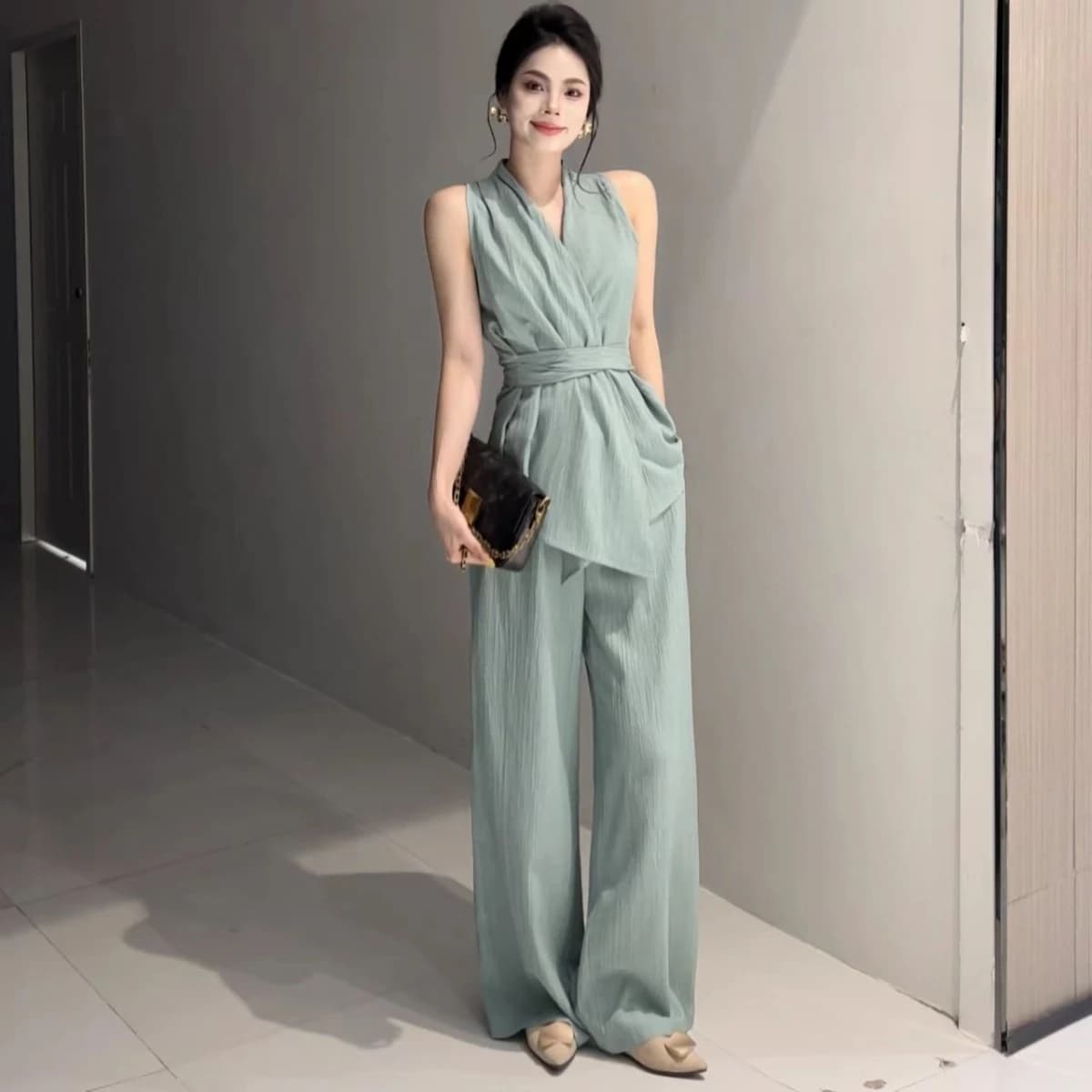 거리 바람 느긋한 바람 품격 프랑스식 패션 세트 와이드 레그 팬츠 디자이너 여름 하이웨이스트 슬림해 보이는 이미지 4
