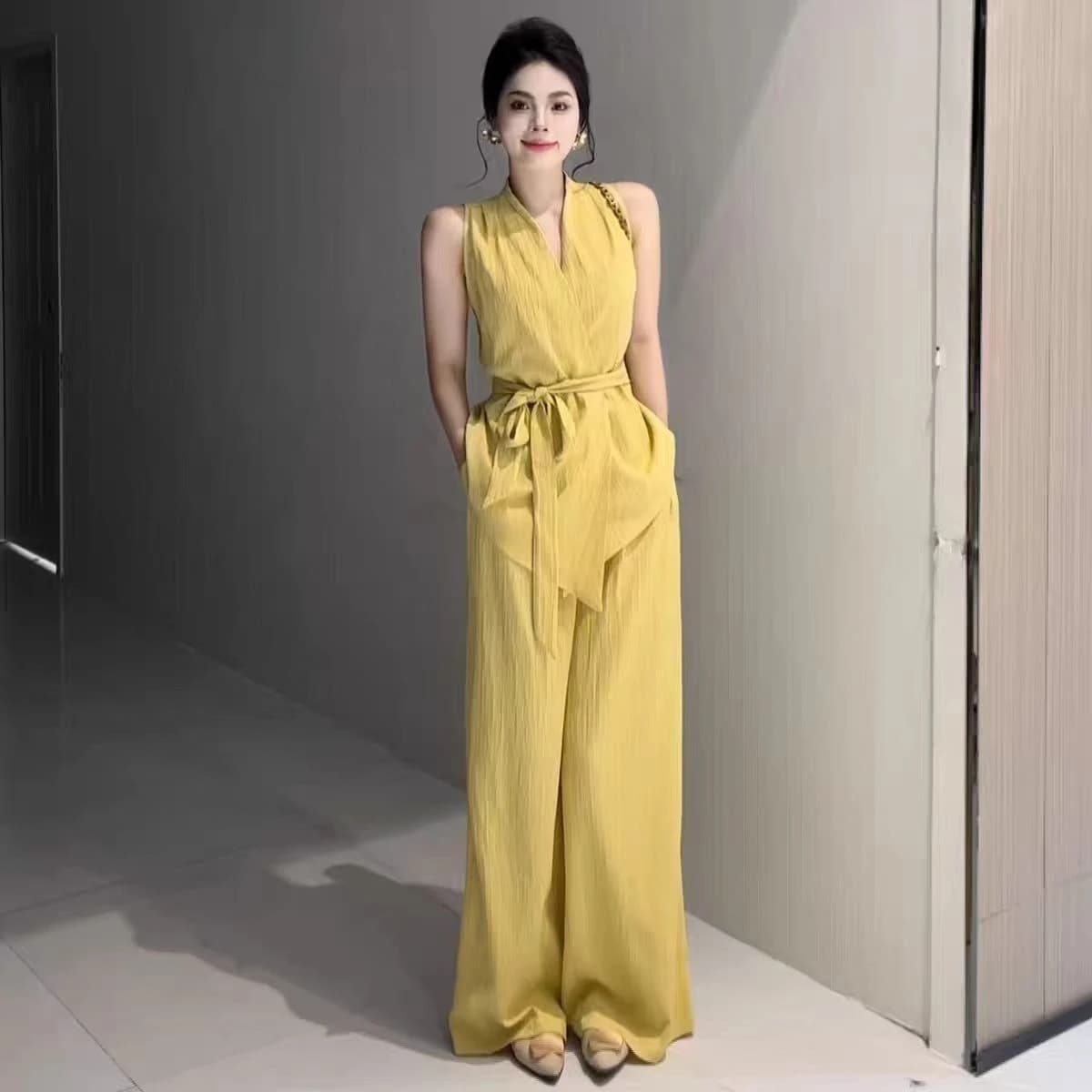 거리 바람 느긋한 바람 품격 프랑스식 패션 세트 와이드 레그 팬츠 디자이너 여름 하이웨이스트 슬림해 보이는 상세 이미지 1
