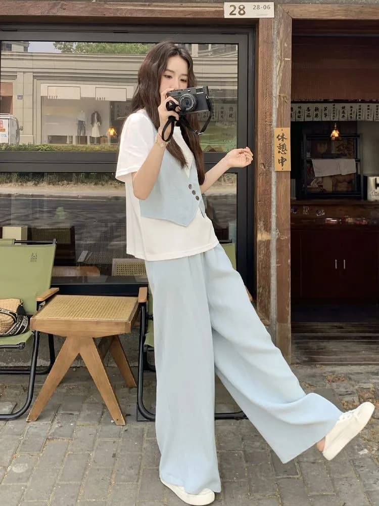 와이드 레그 팬츠 세트 여름 얇은 스타일 반팔 바지 여성 2026 패션 새로운 두 조각 인터넷 유명인 튀김 거리 의류 세트 상세 이미지 2