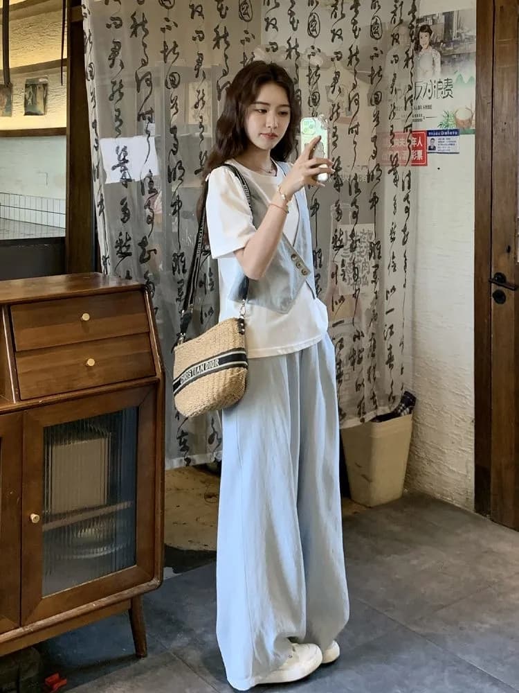 와이드 레그 팬츠 세트 여름 얇은 스타일 반팔 바지 여성 2026 패션 새로운 두 조각 인터넷 유명인 튀김 거리 의류 세트 상세 이미지 3