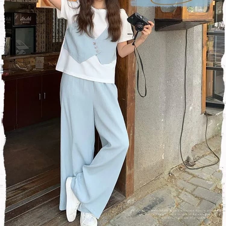 와이드 레그 팬츠 세트 여름 얇은 스타일 반팔 바지 여성 2026 패션 새로운 두 조각 인터넷 유명인 튀김 거리 의류 세트 상세 이미지 4