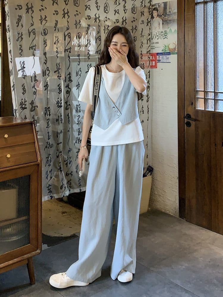 와이드 레그 팬츠 세트 여름 얇은 스타일 반팔 바지 여성 2026 패션 새로운 두 조각 인터넷 유명인 튀김 거리 의류 세트 상세 이미지 5
