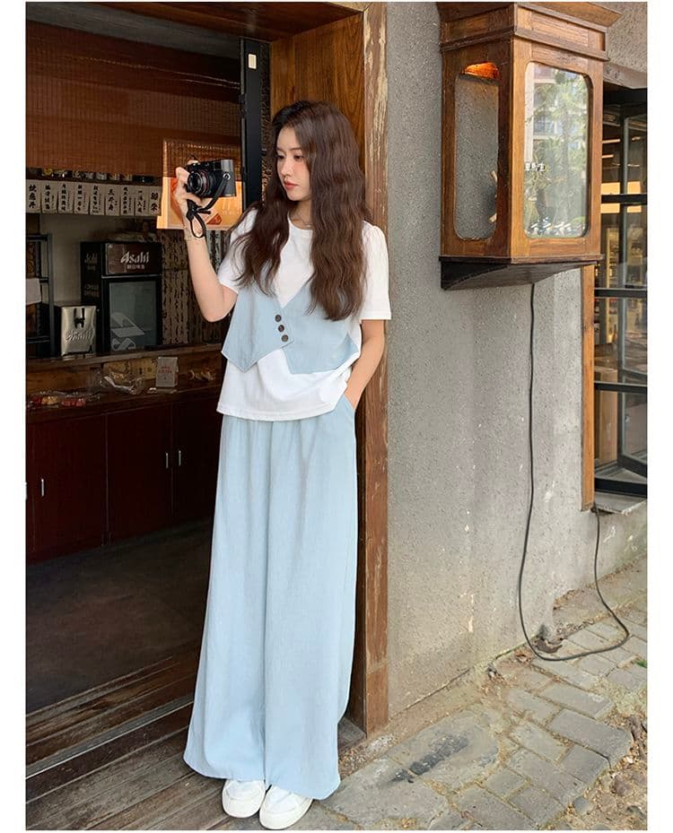 와이드 레그 팬츠 세트 여름 얇은 스타일 반팔 바지 여성 2026 패션 새로운 두 조각 인터넷 유명인 튀김 거리 의류 세트 상세 이미지 7