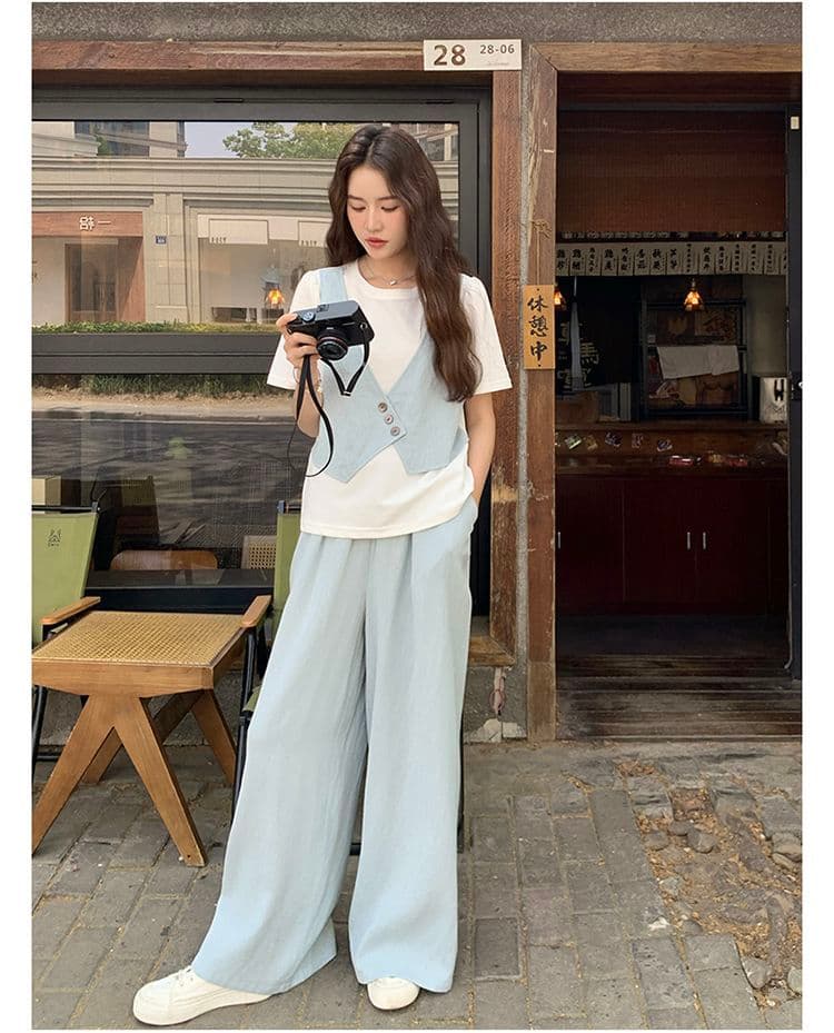 와이드 레그 팬츠 세트 여름 얇은 스타일 반팔 바지 여성 2026 패션 새로운 두 조각 인터넷 유명인 튀김 거리 의류 세트 상세 이미지 8