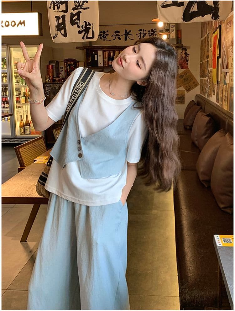 와이드 레그 팬츠 세트 여름 얇은 스타일 반팔 바지 여성 2026 패션 새로운 두 조각 인터넷 유명인 튀김 거리 의류 세트 상세 이미지 10