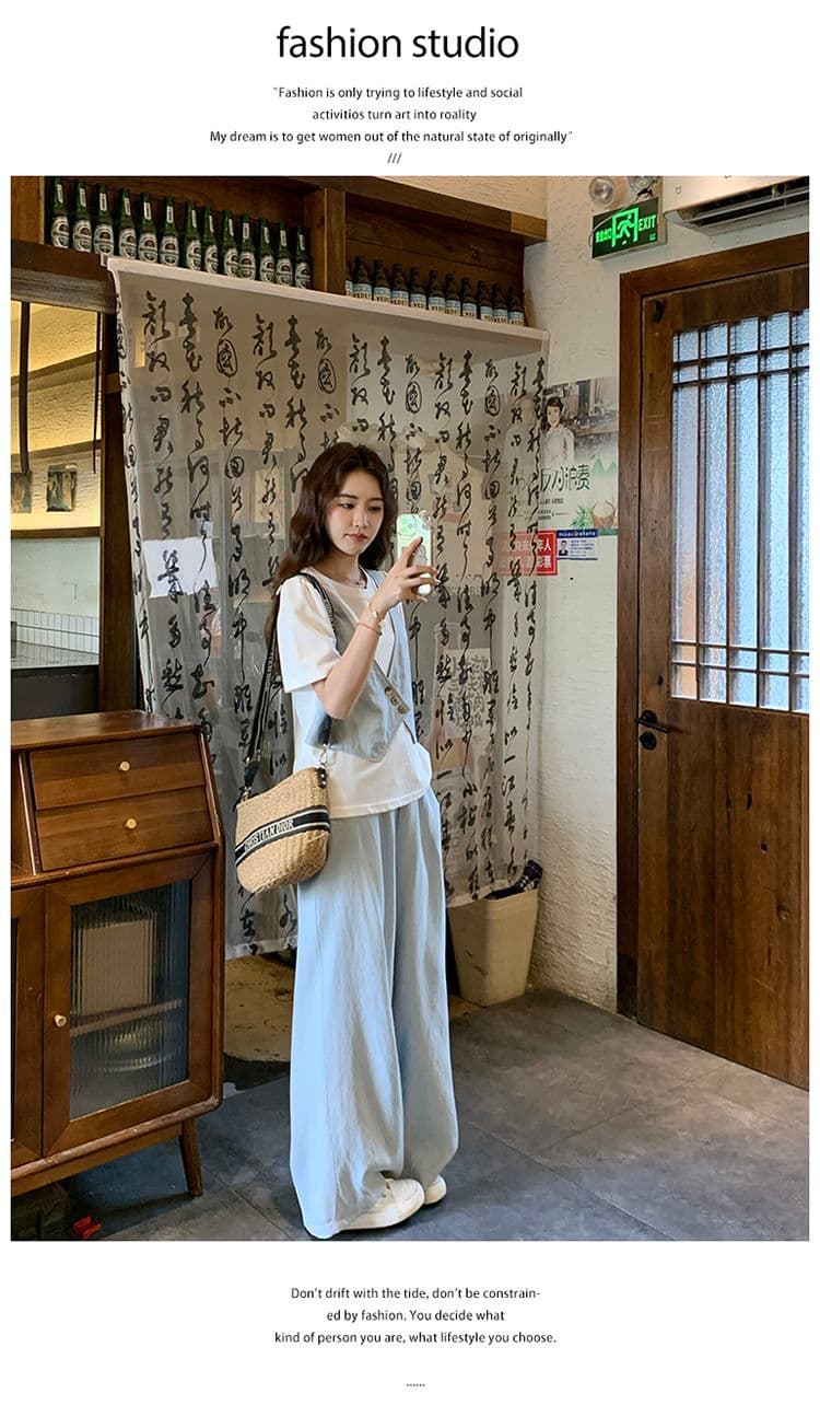 와이드 레그 팬츠 세트 여름 얇은 스타일 반팔 바지 여성 2026 패션 새로운 두 조각 인터넷 유명인 튀김 거리 의류 세트 상세 이미지 11