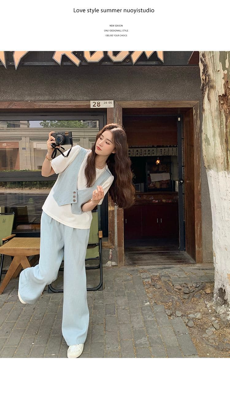 와이드 레그 팬츠 세트 여름 얇은 스타일 반팔 바지 여성 2026 패션 새로운 두 조각 인터넷 유명인 튀김 거리 의류 세트 상세 이미지 12