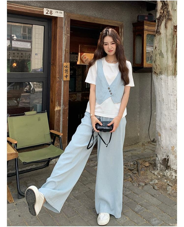 와이드 레그 팬츠 세트 여름 얇은 스타일 반팔 바지 여성 2026 패션 새로운 두 조각 인터넷 유명인 튀김 거리 의류 세트 상세 이미지 13