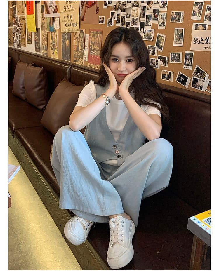 와이드 레그 팬츠 세트 여름 얇은 스타일 반팔 바지 여성 2026 패션 새로운 두 조각 인터넷 유명인 튀김 거리 의류 세트 상세 이미지 14