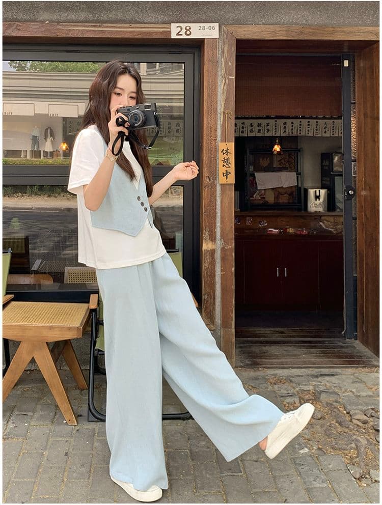 와이드 레그 팬츠 세트 여름 얇은 스타일 반팔 바지 여성 2026 패션 새로운 두 조각 인터넷 유명인 튀김 거리 의류 세트 상세 이미지 15