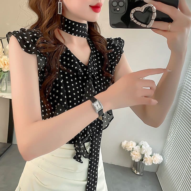 프랑스식 도트 무늬 패션 셔츠 새로운 여름 연꽃 잎 디자인 날다 소매 슬림해 보이는 셔츠 품격 연령 감소 다용도 맨위 이미지 2