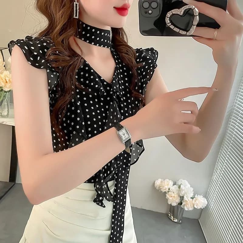 프랑스식 도트 무늬 패션 셔츠 새로운 여름 연꽃 잎 디자인 날다 소매 슬림해 보이는 셔츠 품격 연령 감소 다용도 맨위 이미지 3
