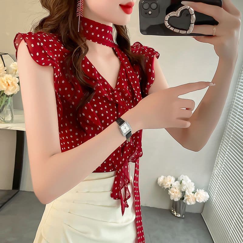 프랑스식 도트 무늬 패션 셔츠 새로운 여름 연꽃 잎 디자인 날다 소매 슬림해 보이는 셔츠 품격 연령 감소 다용도 맨위