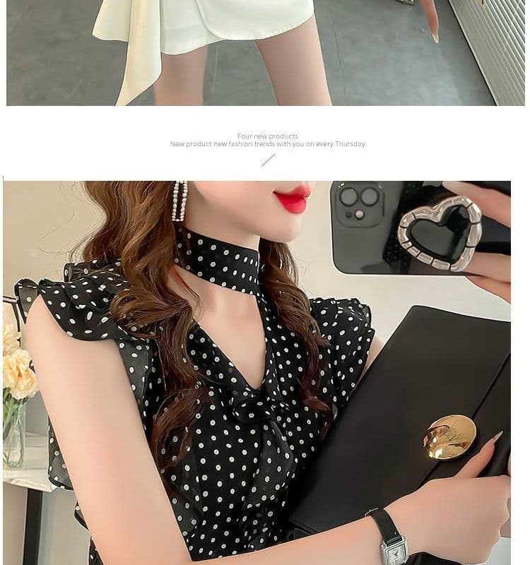 프랑스식 도트 무늬 패션 셔츠 새로운 여름 연꽃 잎 디자인 날다 소매 슬림해 보이는 셔츠 품격 연령 감소 다용도 맨위 상세 이미지 6