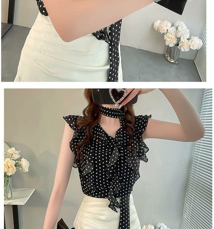 프랑스식 도트 무늬 패션 셔츠 새로운 여름 연꽃 잎 디자인 날다 소매 슬림해 보이는 셔츠 품격 연령 감소 다용도 맨위 상세 이미지 7
