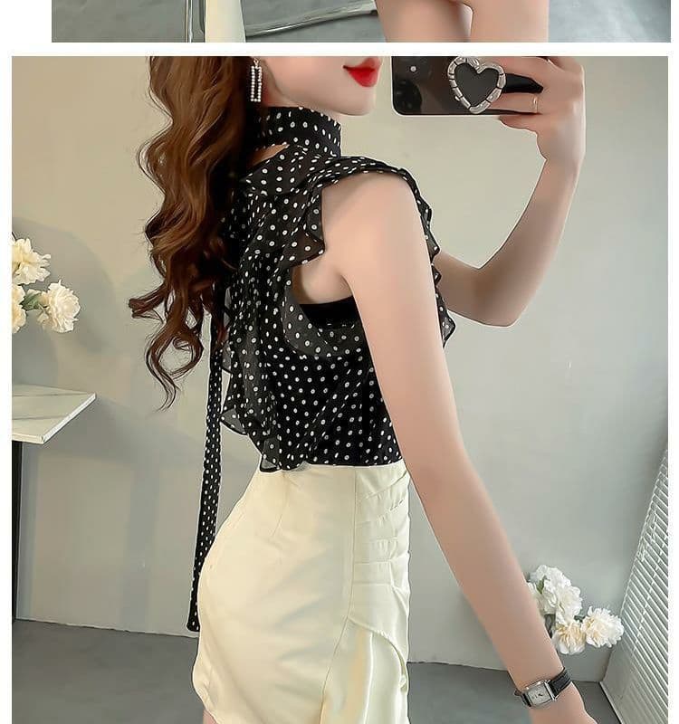 프랑스식 도트 무늬 패션 셔츠 새로운 여름 연꽃 잎 디자인 날다 소매 슬림해 보이는 셔츠 품격 연령 감소 다용도 맨위 상세 이미지 11