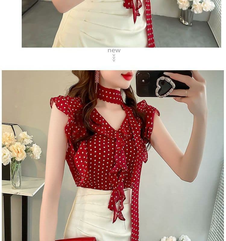 프랑스식 도트 무늬 패션 셔츠 새로운 여름 연꽃 잎 디자인 날다 소매 슬림해 보이는 셔츠 품격 연령 감소 다용도 맨위 상세 이미지 13