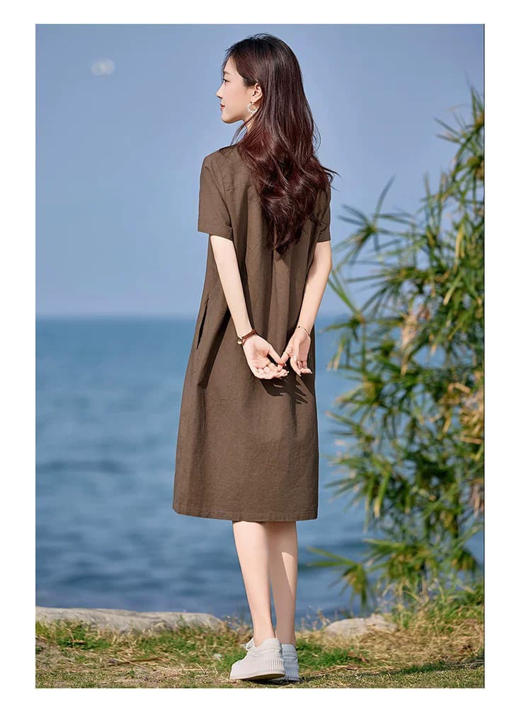 여름 새로운 문예 아마 드레스 레트로 캐주얼 면 린넨 치마 여성 단순한 관대 한 ~ 중 치마 상세 이미지 13