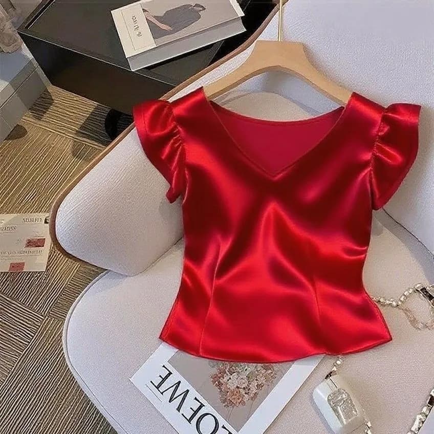 여름 새로운 프랑스식 우아함 지성 맨위 Feifei 소매 여성 고유 한 빛 럭셔리 디자인 센스 V넥 작은 셔츠 티셔츠 이미지 4