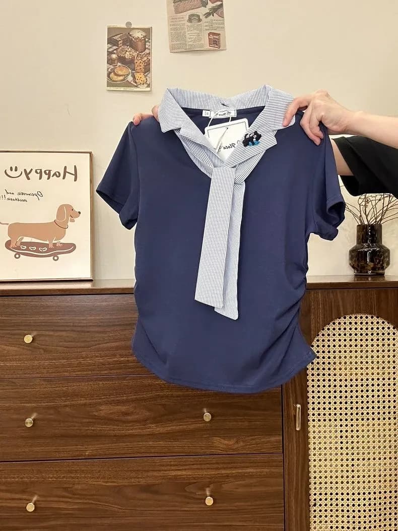 고양이 자수 체크무늬 해군 칼라 polo 반팔 티셔츠 여성 2026 여름 새로운 학원 스타일 긍정적 인 어깨 짧은 맨위 상세 이미지 1