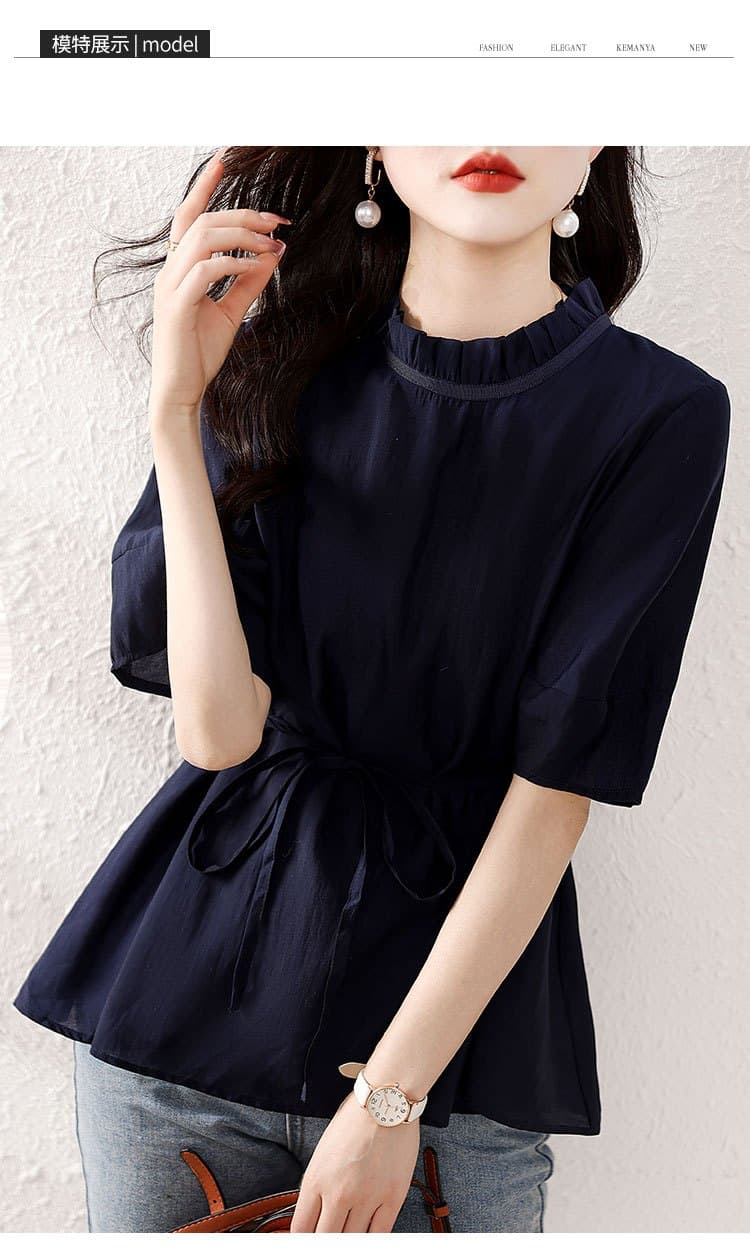 품격 허리 수축 셔츠 2026 여름 새로운 풀오버 티셔츠 여성 레트로 벌룬 소매 다용도 여성 셔츠 상세 이미지 6