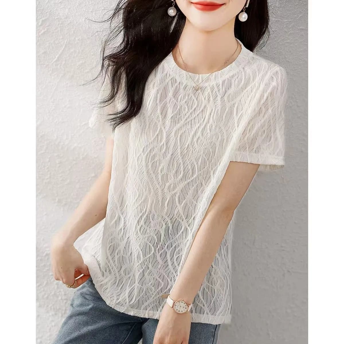 여름 새로운 디자인 센스 작은 대중 다용도 맨위 화이트 품격 여성 표지 고기 달콤함