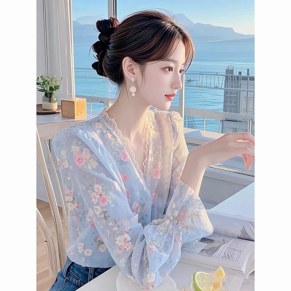 프랑스식 고급 센스 파란색 꽃무늬 긴팔 쉬폰 여성 셔츠 봄 새로운 빛 럭셔리 외국 가스 아름다운 아름다운 맨위 상세 이미지 1