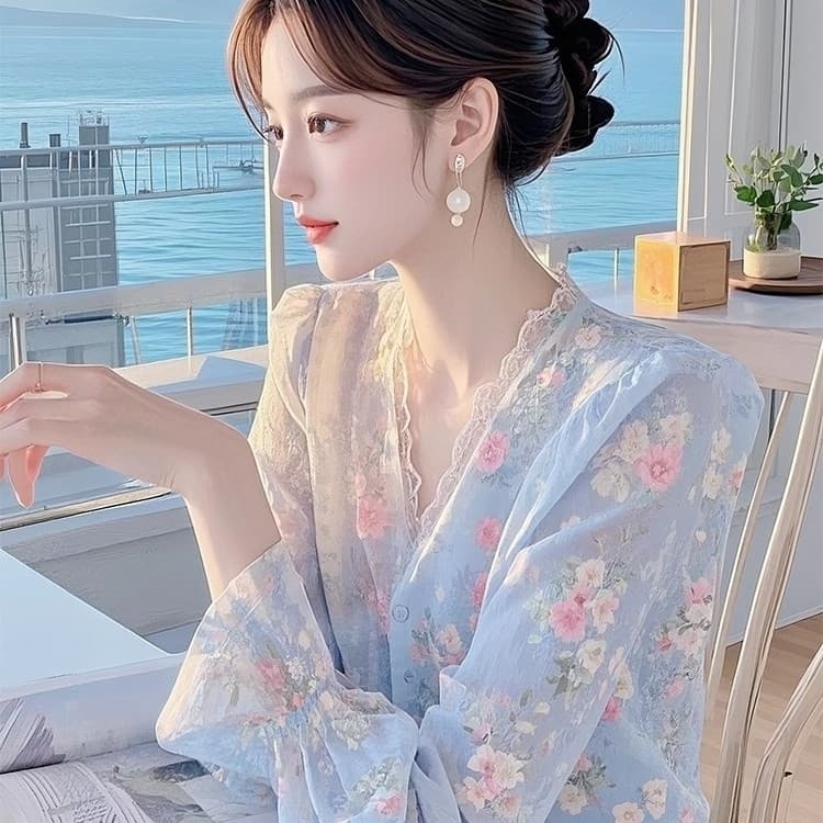 프랑스식 고급 센스 파란색 꽃무늬 긴팔 쉬폰 여성 셔츠 봄 새로운 빛 럭셔리 외국 가스 아름다운 아름다운 맨위 상세 이미지 6