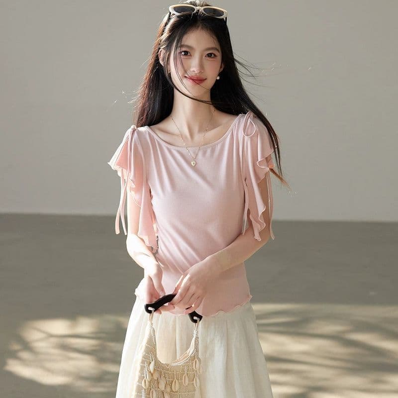 몸매 가꾸기 레이스업 프릴 다용도 반팔 디자인 2026 년 여성 여름 한국 스타일 보트넥 티셔츠 맨위 새로운 이미지 4