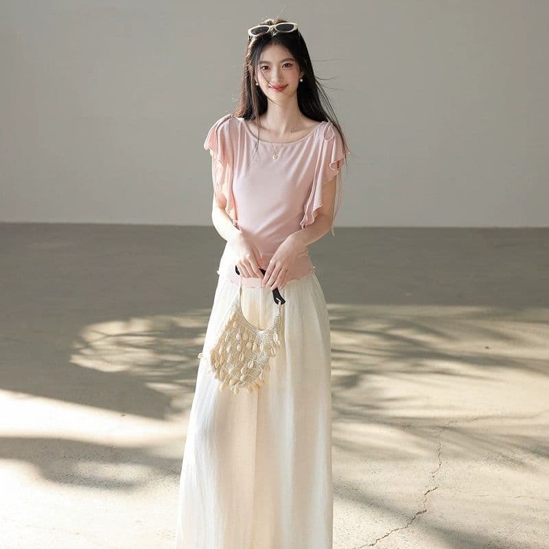 몸매 가꾸기 레이스업 프릴 다용도 반팔 디자인 2026 년 여성 여름 한국 스타일 보트넥 티셔츠 맨위 새로운 상세 이미지 1