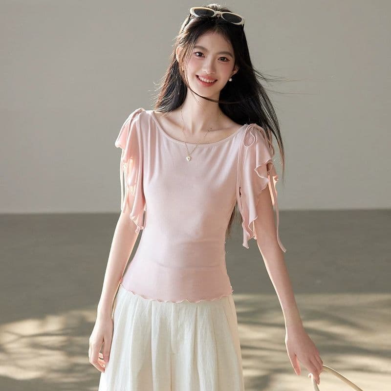 몸매 가꾸기 레이스업 프릴 다용도 반팔 디자인 2026 년 여성 여름 한국 스타일 보트넥 티셔츠 맨위 새로운 상세 이미지 4
