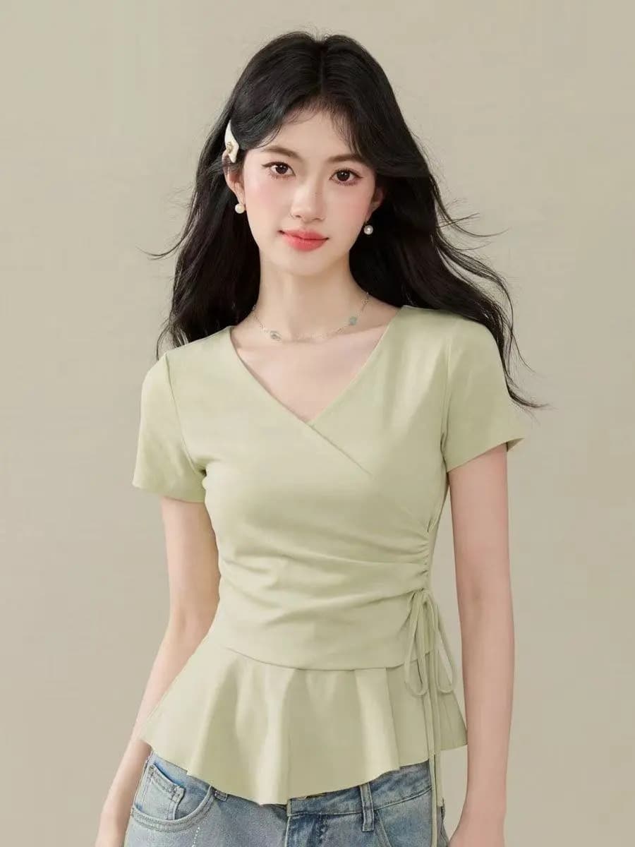 디자인 센스 작은 대중 다용도 반팔 티셔츠 여성 여름 품격 슬림해 보이는 허리 수축 작은 셔츠 외국 가스 몸매 가꾸기 불규칙 맨위 이미지 4