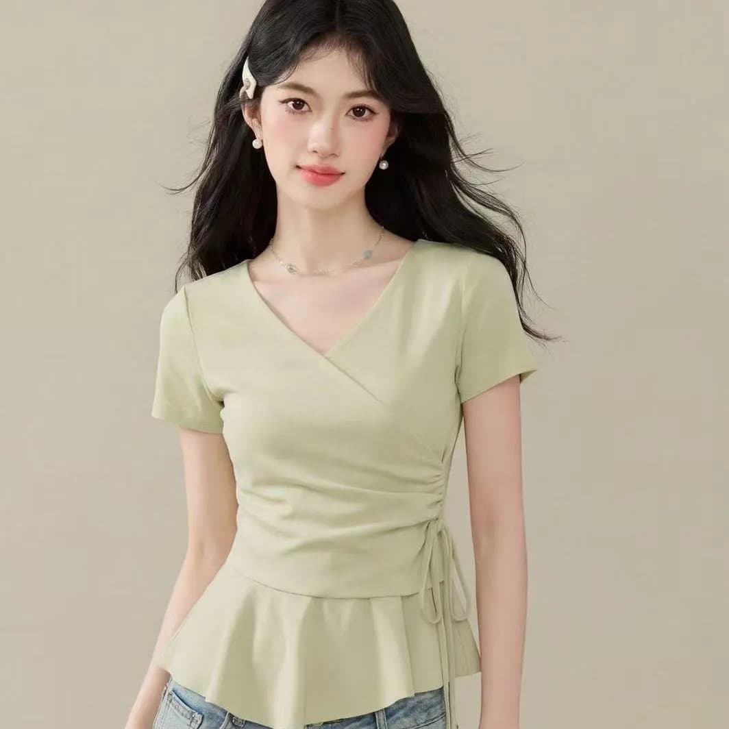 디자인 센스 작은 대중 다용도 반팔 티셔츠 여성 여름 품격 슬림해 보이는 허리 수축 작은 셔츠 외국 가스 몸매 가꾸기 불규칙 맨위 이미지 3