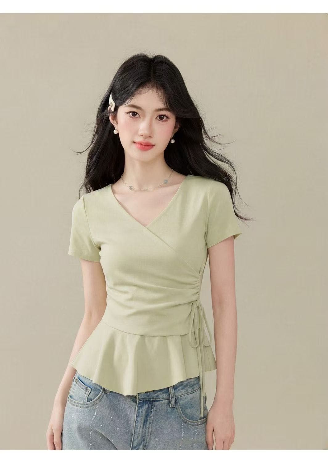 디자인 센스 작은 대중 다용도 반팔 티셔츠 여성 여름 품격 슬림해 보이는 허리 수축 작은 셔츠 외국 가스 몸매 가꾸기 불규칙 맨위 상세 이미지 10