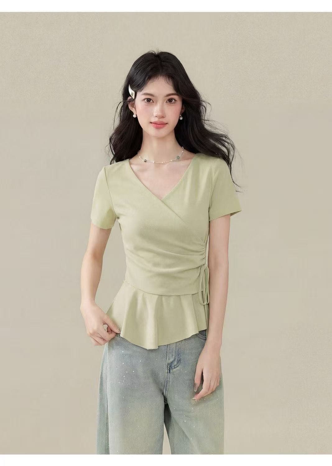 디자인 센스 작은 대중 다용도 반팔 티셔츠 여성 여름 품격 슬림해 보이는 허리 수축 작은 셔츠 외국 가스 몸매 가꾸기 불규칙 맨위 상세 이미지 15