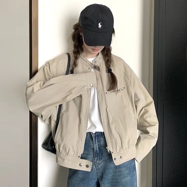 카키 색 워크웨어 야구 유니폼 여성 코트 새로운 캐주얼 한 부서 튀김 거리 작은 키 쇼트 스타일 재킷 맨위