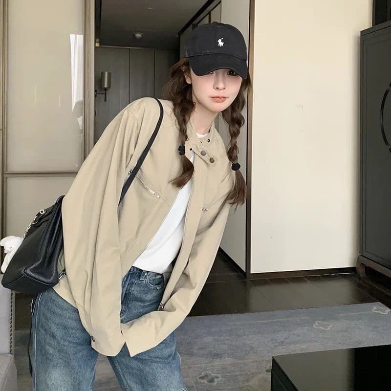 카키 색 워크웨어 야구 유니폼 여성 코트 새로운 캐주얼 한 부서 튀김 거리 작은 키 쇼트 스타일 재킷 맨위 상세 이미지 5