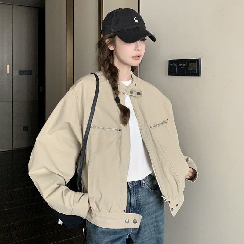 카키 색 워크웨어 야구 유니폼 여성 코트 새로운 캐주얼 한 부서 튀김 거리 작은 키 쇼트 스타일 재킷 맨위 상세 이미지 6